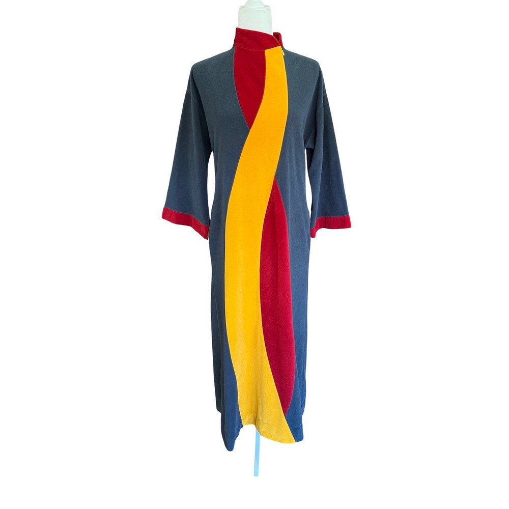 VTG 60s Vanity Fair Mod Retro Caftan XS Colorblock Fleece Lounge Dress Robe USA